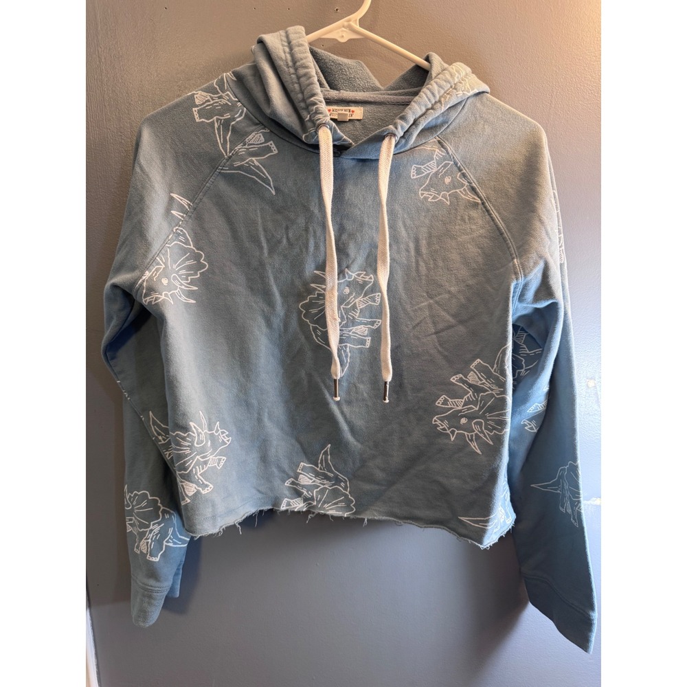 Messy Bun Just Chillin Womens Triceratops Dinosaur Cropped Hoodie Blue Small
